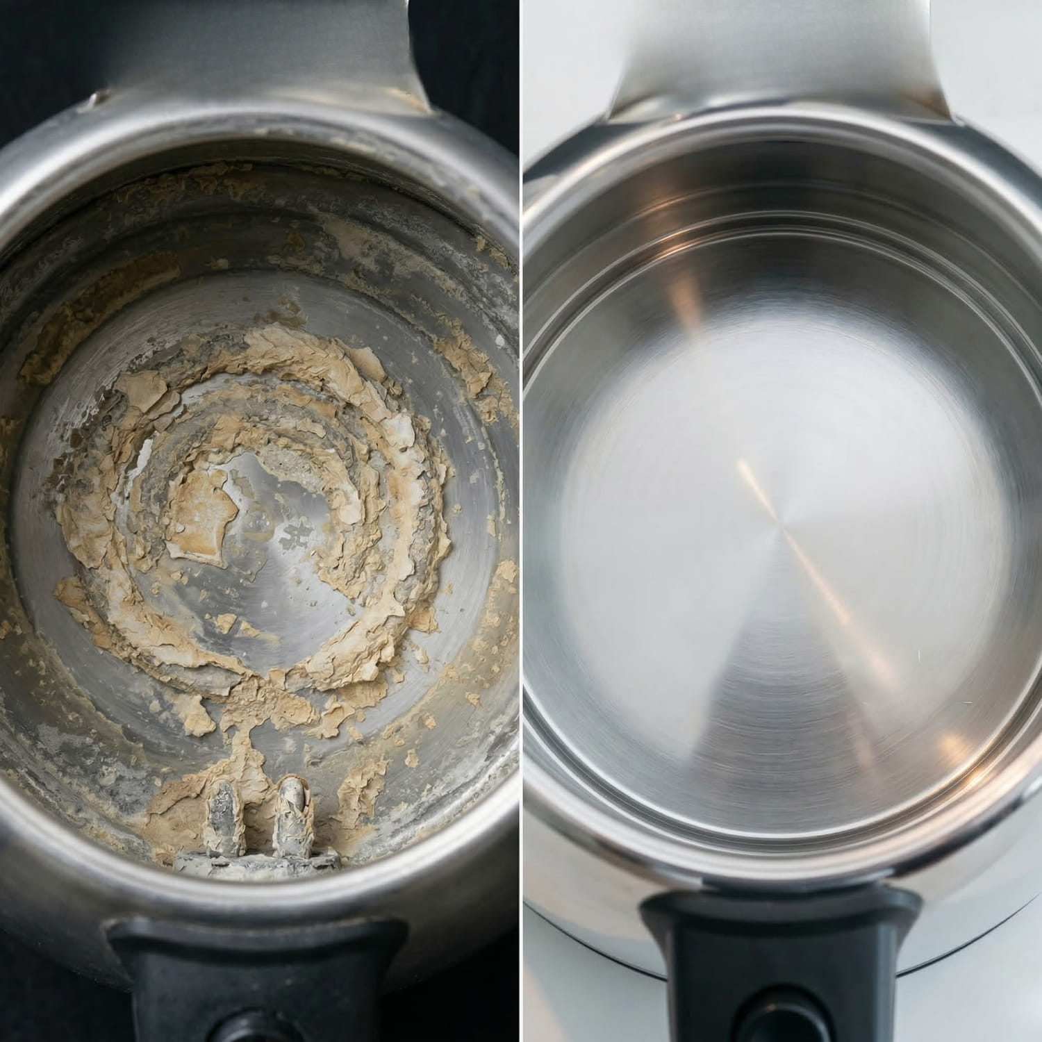 Verkalkter Wasserkocher innen vorher und nachher sauber mit Calc Buster Kalkreiniger, entfernt hartnäckigen Kalk effektiv