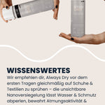 Hände halten LUFIP Always Dry Imprägnierspray horizontal und vertikal; Beschreibung empfiehlt Erste-Anwendung vor dem Tragen, wasser- & schmutzabweisende Nanoversiegelung, Erhalt von Atmungsaktivität, 100 % recycelbare Dose, EU-Qualität.