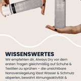 Hände halten LUFIP Always Dry Imprägnierspray horizontal und vertikal; Beschreibung empfiehlt Erste-Anwendung vor dem Tragen, wasser- & schmutzabweisende Nanoversiegelung, Erhalt von Atmungsaktivität, 100 % recycelbare Dose, EU-Qualität.