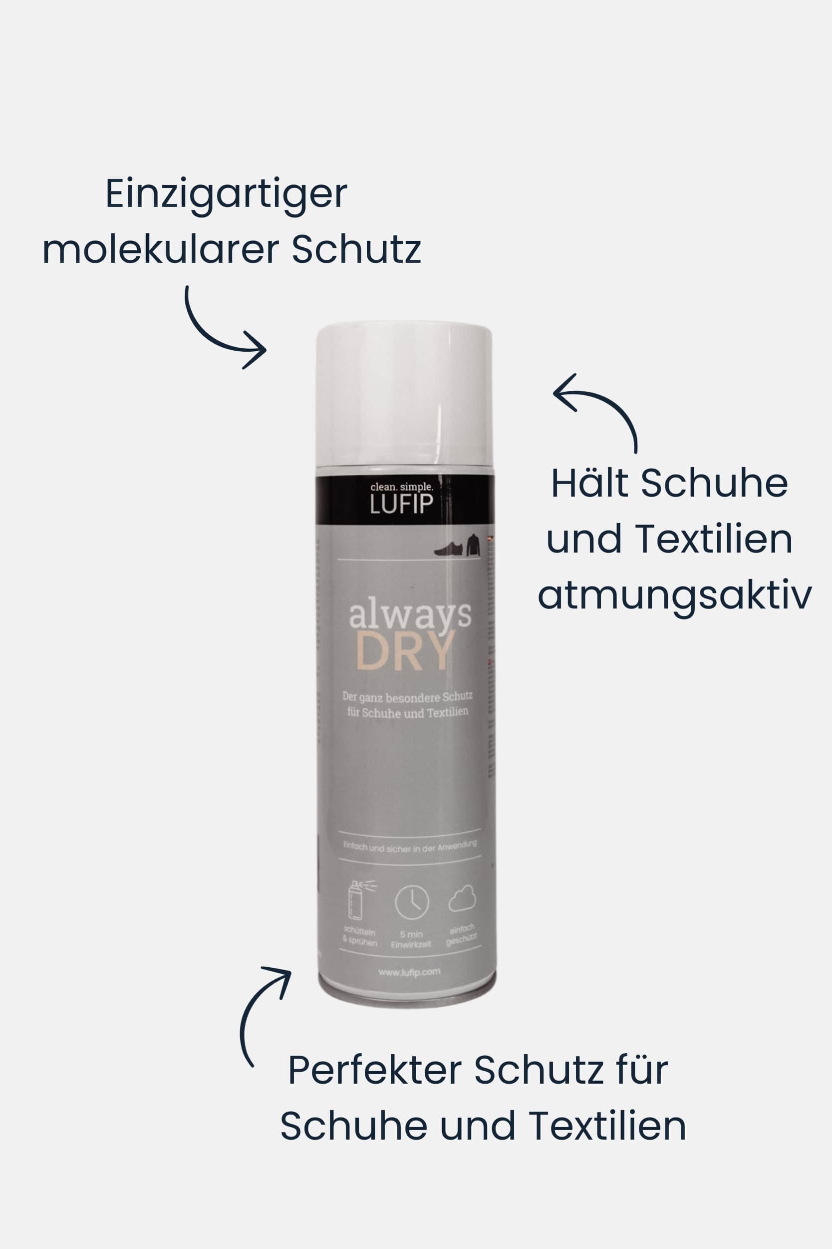 Always Dry: Einzigartiger molekularer Schutz für atmungsaktive Schuhe und Textilien. Perfekter Schutz vor neutralem Hintergrund mit Bulletpoints.