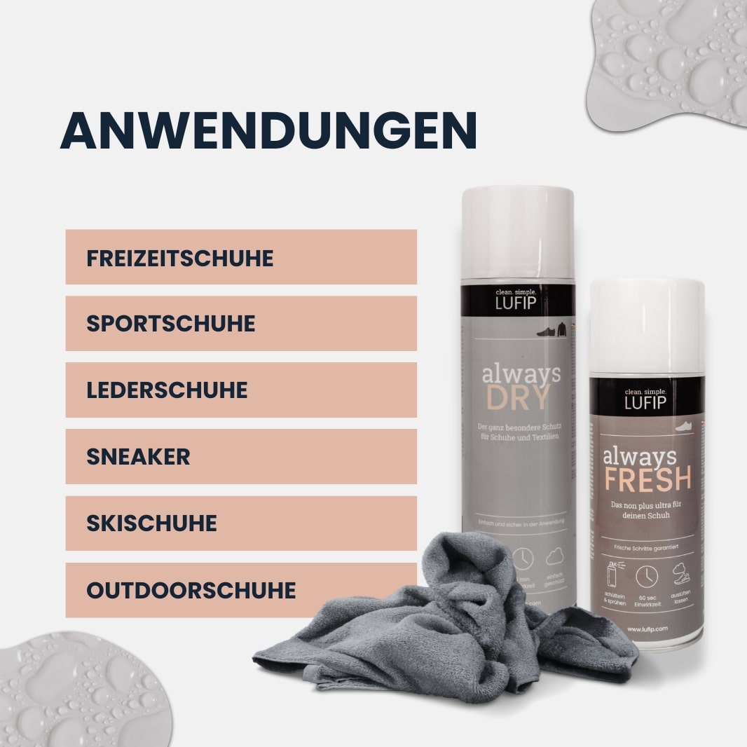 Always Fresh und Always Dry Schuhpflege-Set mit Anwendungsmöglichkeiten für Freizeitschuhe, Sportschuhe, Lederschuhe, Sneaker, Skischuhe und Outdoorschuhe.