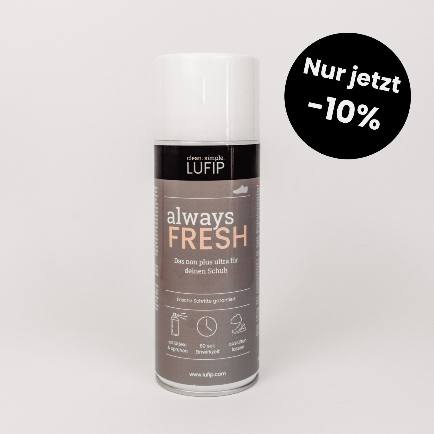Always Fresh sorgt für sofortige Frische in deinen Schuhen – nur jetzt –10% im Black Friday Deal. 60-Sekunden-Wirkzeit, neutralisiert Gerüche zuverlässig. Schnell, sauber, effektiv.