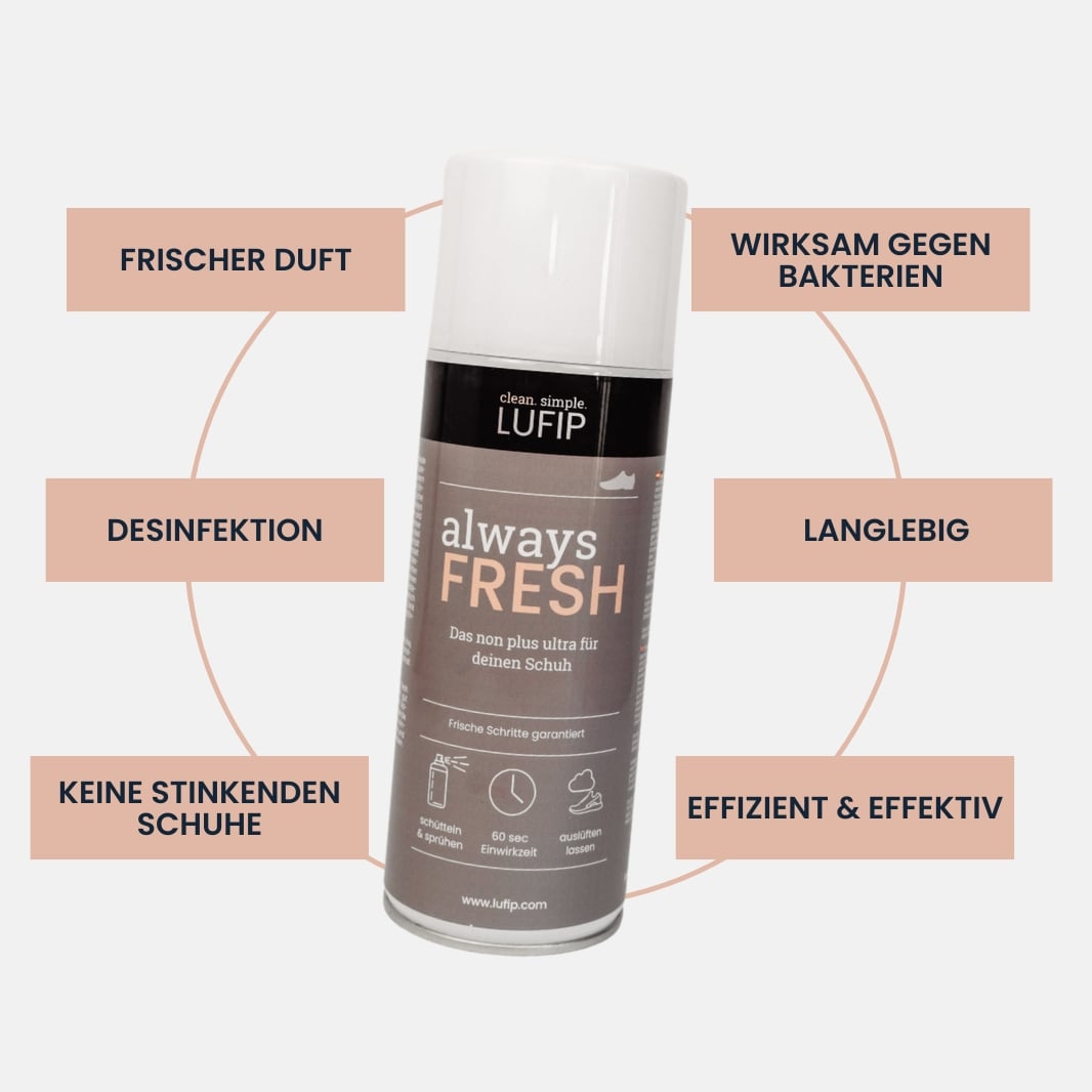 Always Fresh von LUFIP mit Vorteilen wie Desinfektion, langlebig, effizient, und gegen stinkende Schuhe wirksam. Frische Schritte garantiert.
