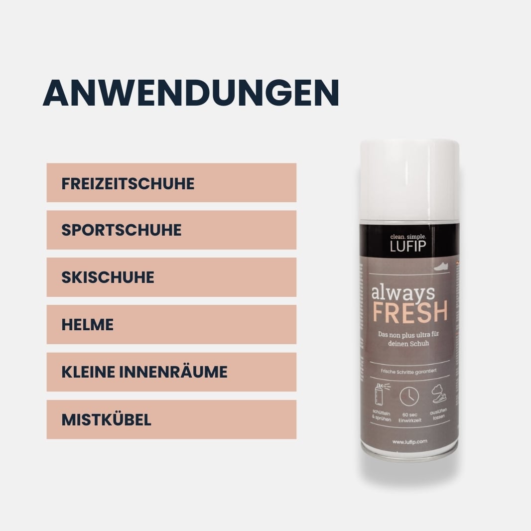 Always Fresh Spray von LUFIP mit Anwendungen für Sportschuhe, Skischuhe, Helme und kleine Innenräume. Garantiert frischer Duft und Hygiene.
