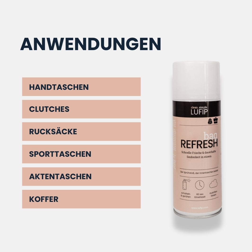 Bag Refresh von LUFIP mit Anwendungen für Handtaschen, Clutches, Rucksäcke und Koffer. Frische und Hygiene für Innenräume in einem Schritt.
