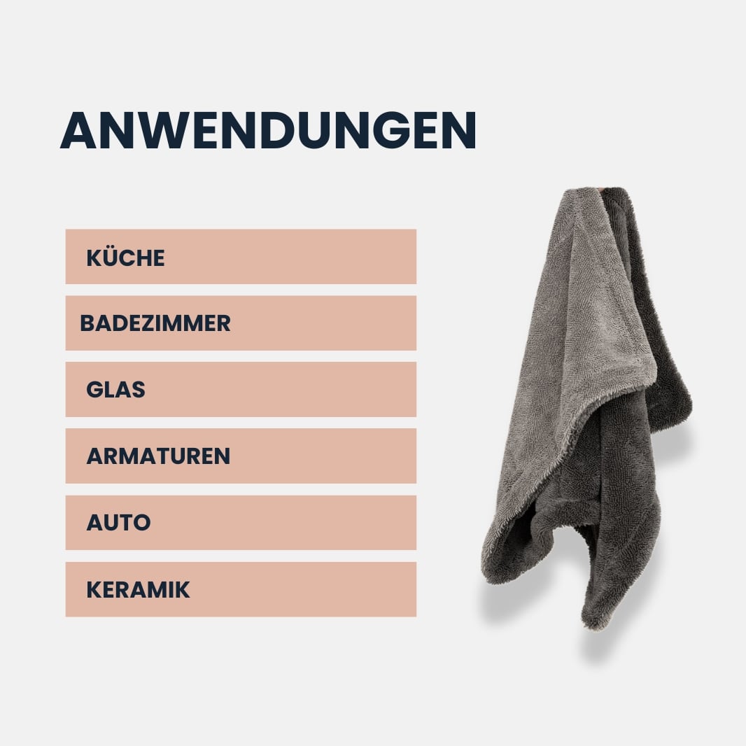 Dry Towel von LUFIP mit Anwendungen für Küche, Badezimmer, Glas, Auto und Keramik. Sorgt für streifenfreie und schnelle Trocknung.
