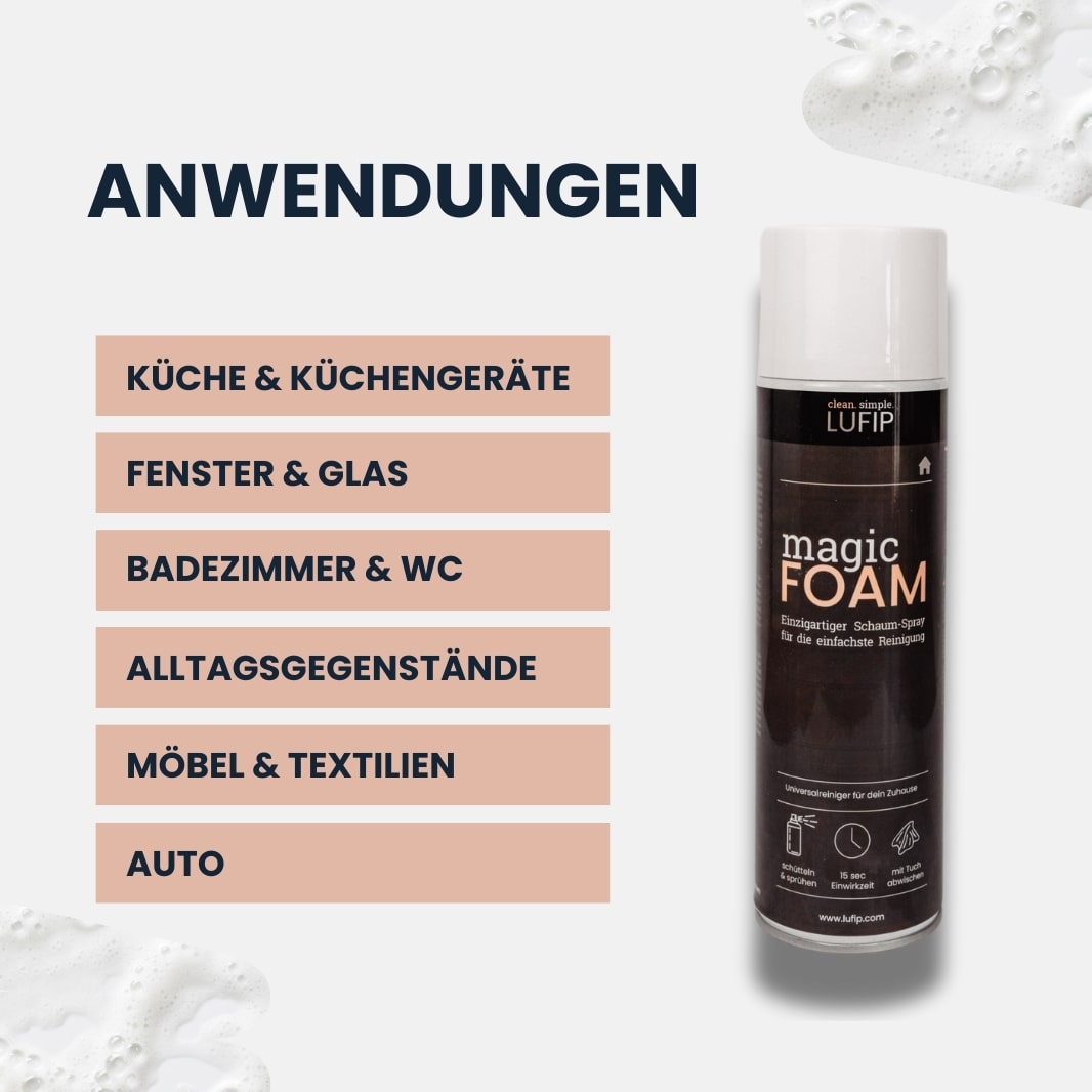 Magic Foam Schaumreiniger von LUFIP mit Anwendungen wie Küche, Fenster, Badezimmer, Möbel und Auto. Perfekt für streifenfreie und effiziente Reinigung.
