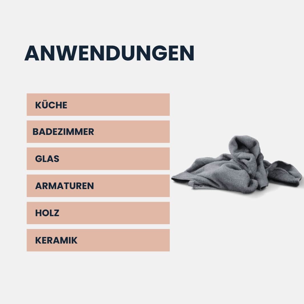 Magic Towel von LUFIP mit Anwendungen für Küche, Badezimmer, Glas, Armaturen, Holz und Keramik. Ideal für streifenfreie und effiziente Reinigung.
