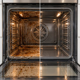 Backofen-Innenraum vor und nach der Reinigung mit LUFIP Oven Buster – eingebranntes Fett und Schmutz wurden entfernt.