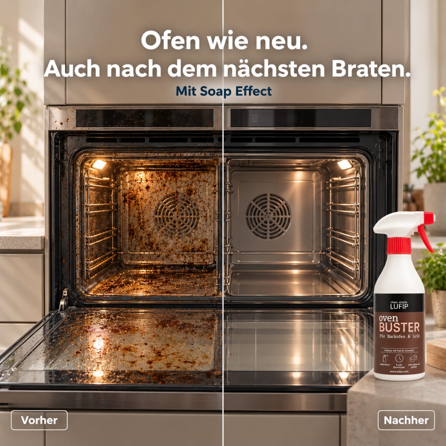 Vorher-Nachher-Vergleich eines stark verschmutzten und gereinigten Backofens nach der Anwendung des LUFIP Oven Buster.