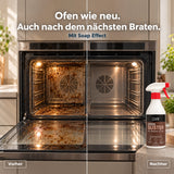 Vorher-Nachher-Vergleich eines stark verschmutzten und gereinigten Backofens nach der Anwendung des LUFIP Oven Buster.