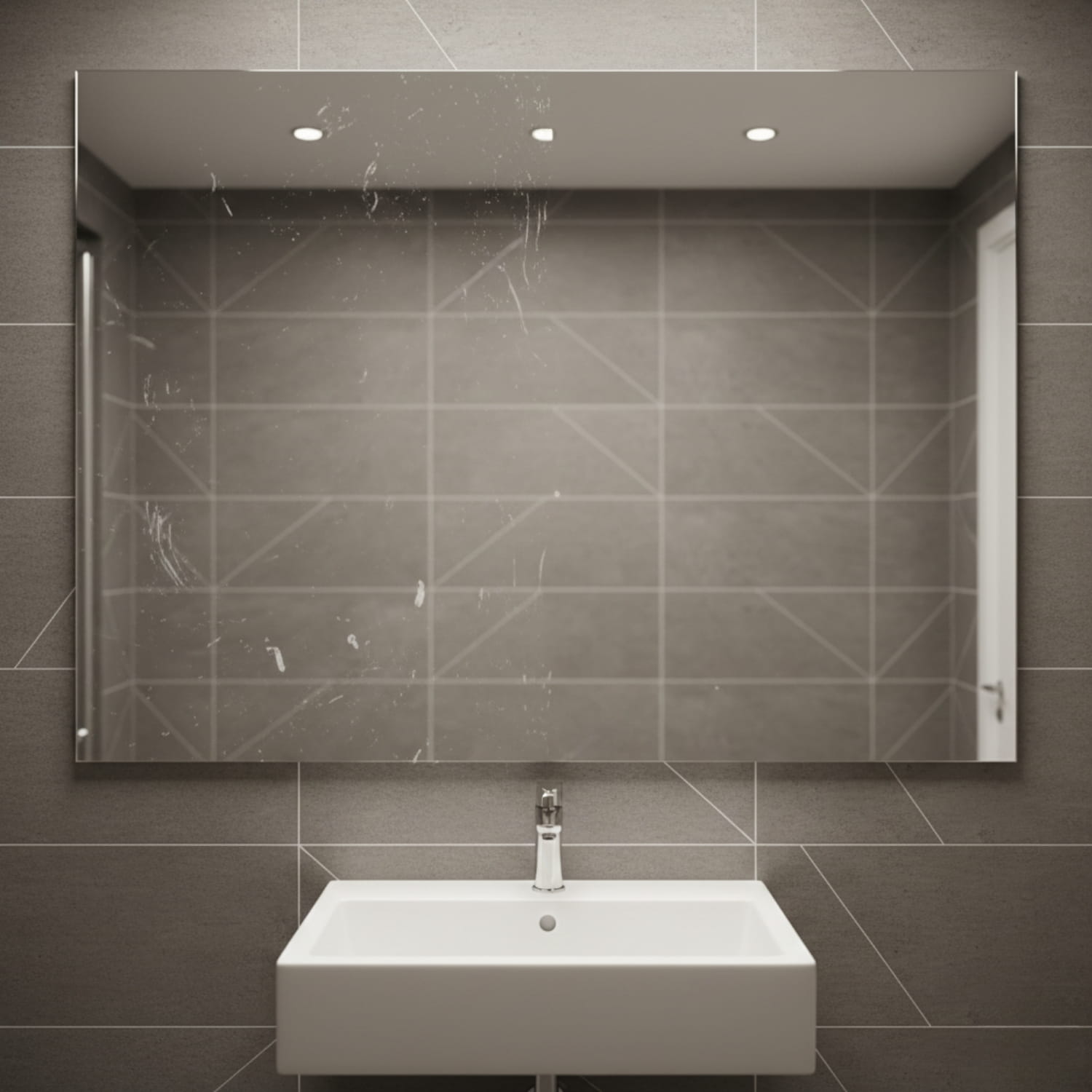 Verschmutzter Badezimmerspiegel mit Wasserflecken und Schlieren vor der Reinigung. Glasfläche im Badezimmer bereit für streifenfreie Reinigung.