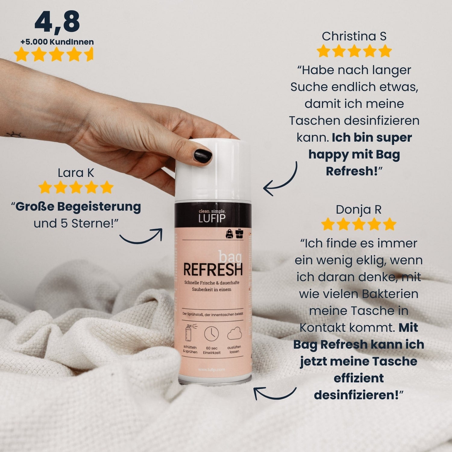 Kundinnen empfehlen Bag Refresh: Entfernt Gerüche & Bakterien aus Taschen, Koffern & Rucksäcken – einfach & effektiv.

