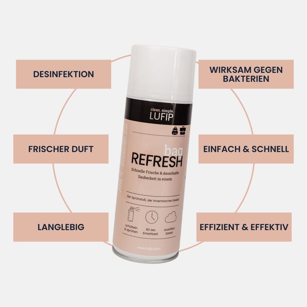  Bag Refresh von LUFIP mit Vorteilen wie Desinfektion, wirksam gegen Bakterien, frischer Duft und effizienter Reinigung. Langanhaltend und einfach.
