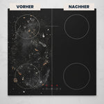 Vorher-Nachher-Vergleich eines Ceranfelds. Magic Foam entfernt eingebrannte Rückstände, Fett und Schmutz und sorgt für glänzende Küchenoberflächen.