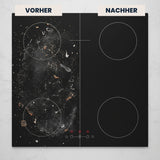 Vorher-Nachher-Vergleich eines Ceranfelds. Magic Foam entfernt eingebrannte Rückstände, Fett und Schmutz und sorgt für glänzende Küchenoberflächen.