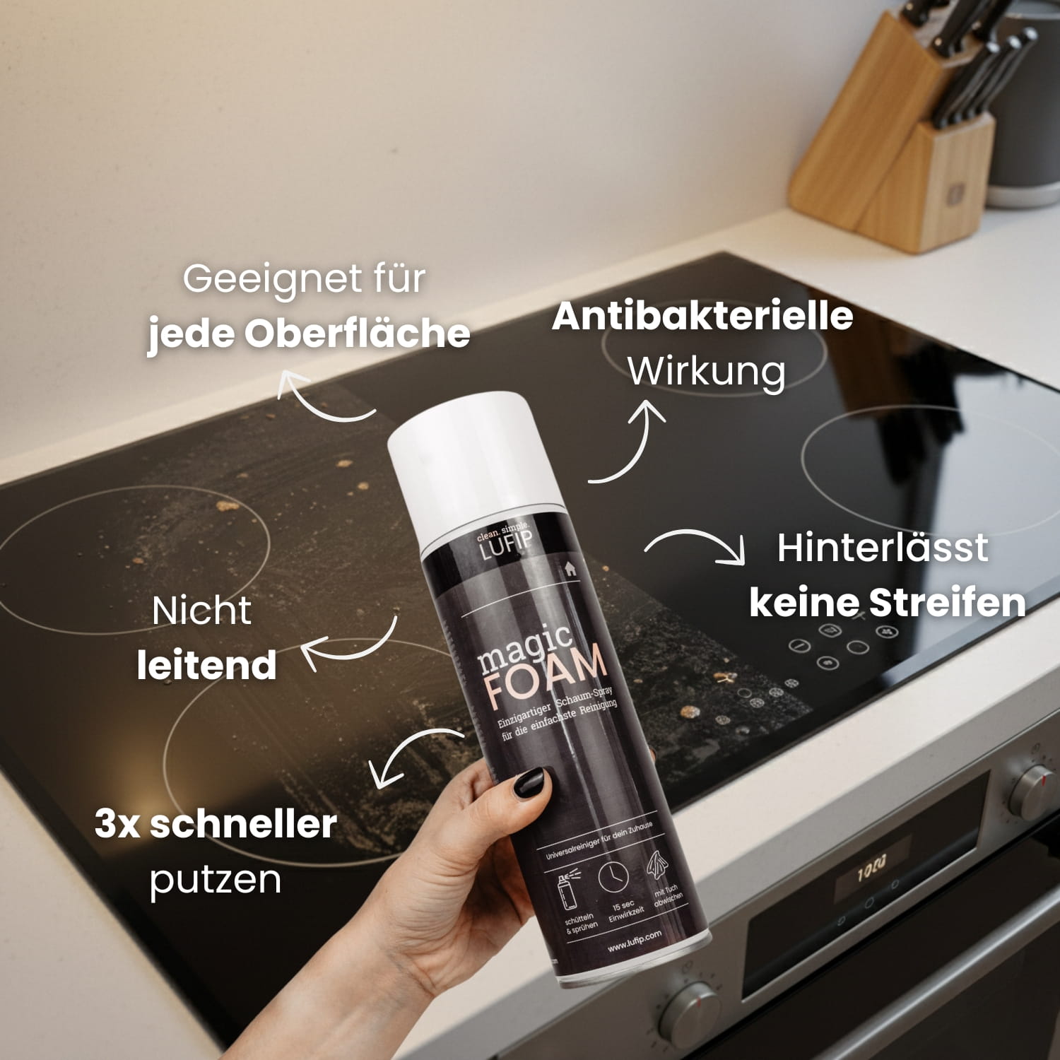 Magic Foam reinigt Ceranfeld und Küchenoberflächen effektiv und streifenfrei. Aktivschaum haftet auf Fett und Schmutz und ermöglicht schnelles Putzen ohne Rückstände.