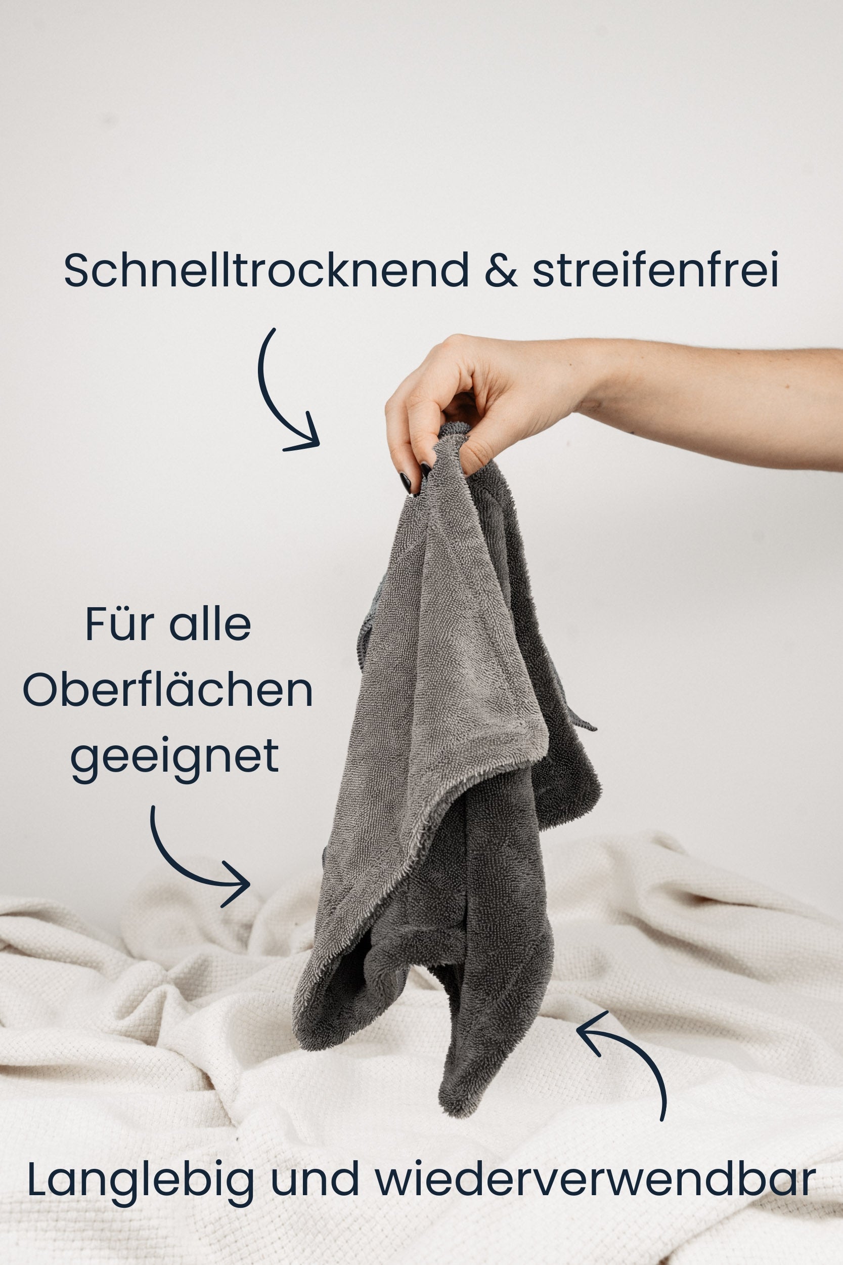 Das Dry Towel von LUFIP wird von einer Hand gehalten, vor neutralem Hintergrund. Textbeschriftungen auf dem Bild heben die Eigenschaften hervor: „Schnelltrocknend & streifenfrei“, „Für alle Oberflächen geeignet“ und „Langlebig und wiederverwendbar“. Das Tuch liegt auf einem hellen Stoffuntergrund.