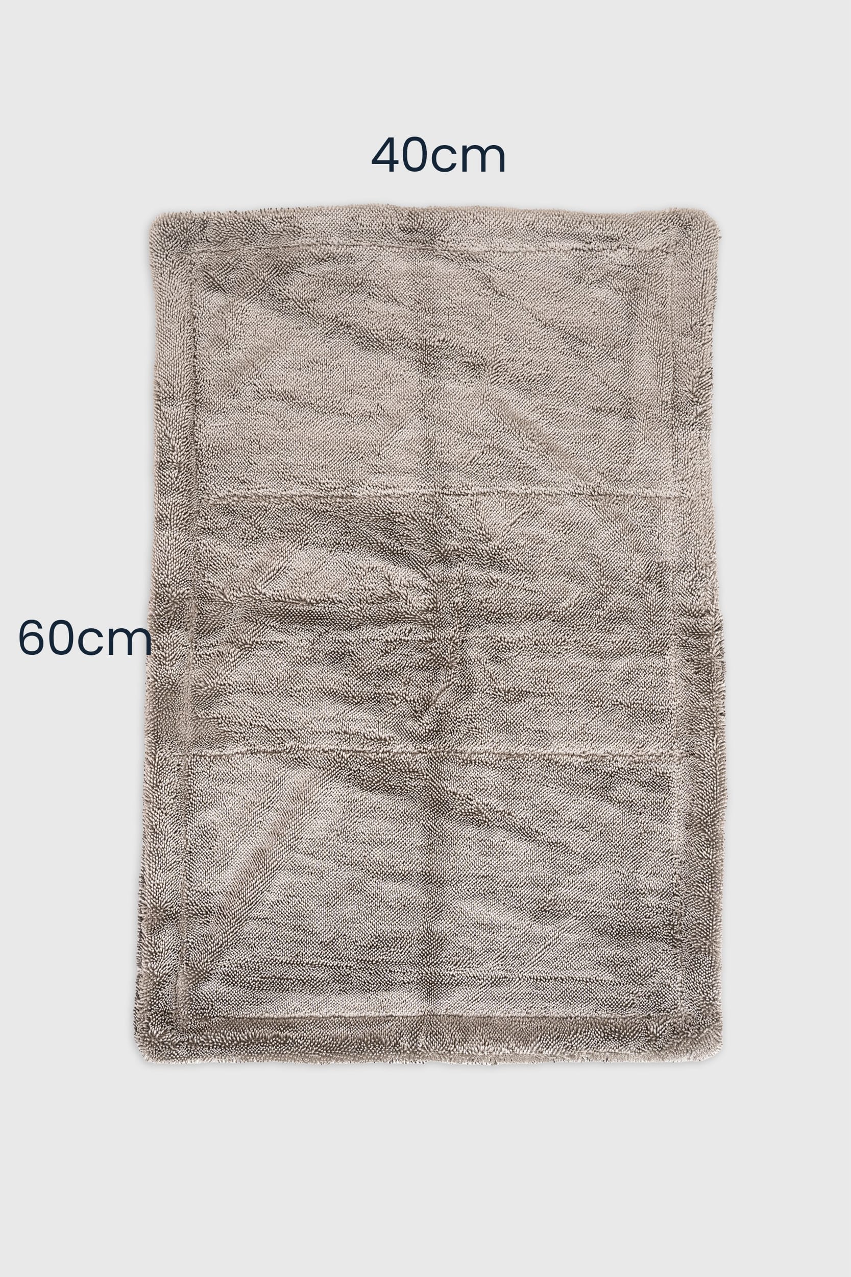 Das Dry Towel von LUFIP in der Größe 40 cm x 60 cm, ausgebreitet auf neutralem, weißem Hintergrund. Die präzisen Maße sind direkt auf dem Bild angegeben, um die perfekte Dimension für den Einsatz auf verschiedenen Oberflächen zu verdeutlichen.