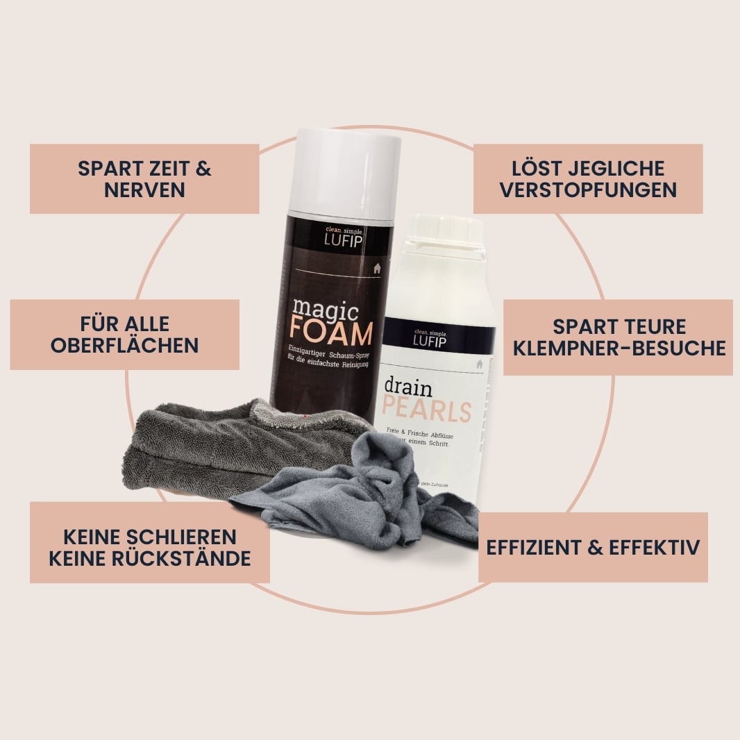Das Kennenlern-Set ist überall einsetzbar:
Egal ob Küche, Bad, Fenster oder Abflüsse – mit Magic Foam, Drain Pearls und den passenden Tüchern wird alles blitzsauber. Ideal für dein gesamtes Zuhause – von Glas bis Textil.