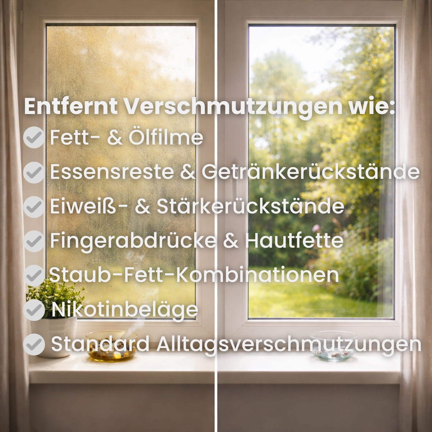 Vorher-Nachher-Fenster mit entfernten Fettfilmen, Fingerabdrücken und Nikotinbelägen. Magic Foam löst Ölfilme, Essensreste und Alltagsschmutz streifenfrei.