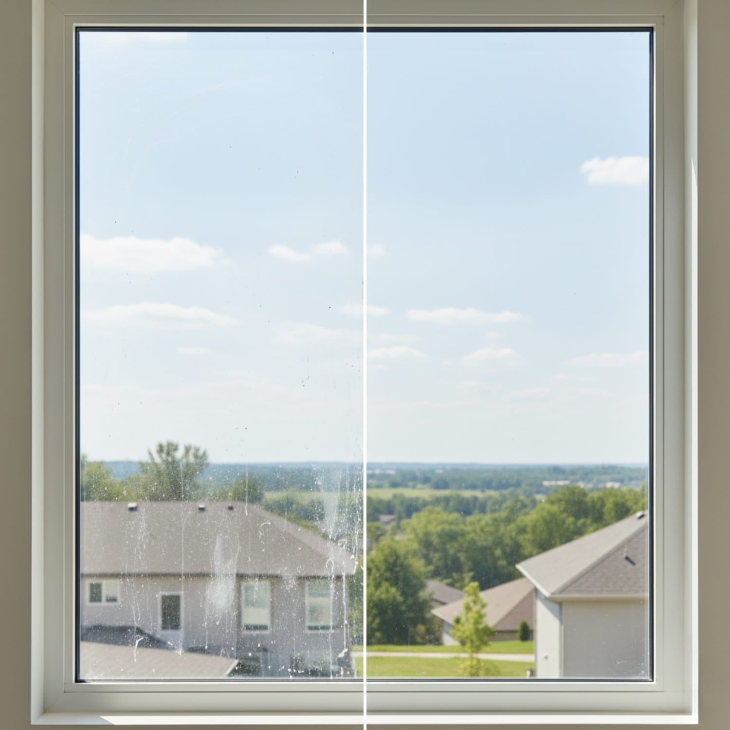 Fensterscheibe im Vorher-Nachher-Vergleich. Linke Seite verschmutzt, rechte Seite sauber und klar mit Blick in die Landschaft.