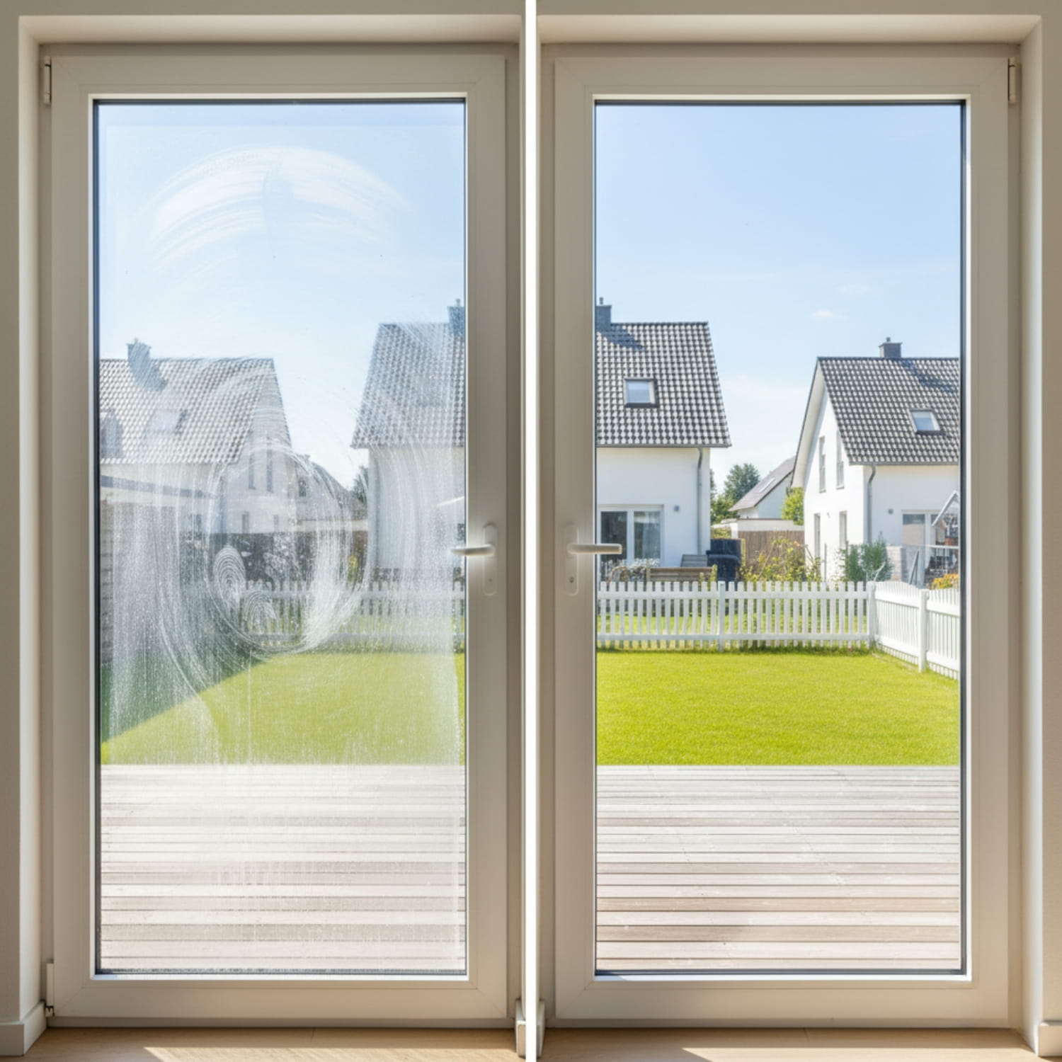 Fensterscheibe im Vorher-Nachher-Vergleich. Linke Seite verschmutzt, rechte Seite sauber und klar mit Blick in die Landschaft.