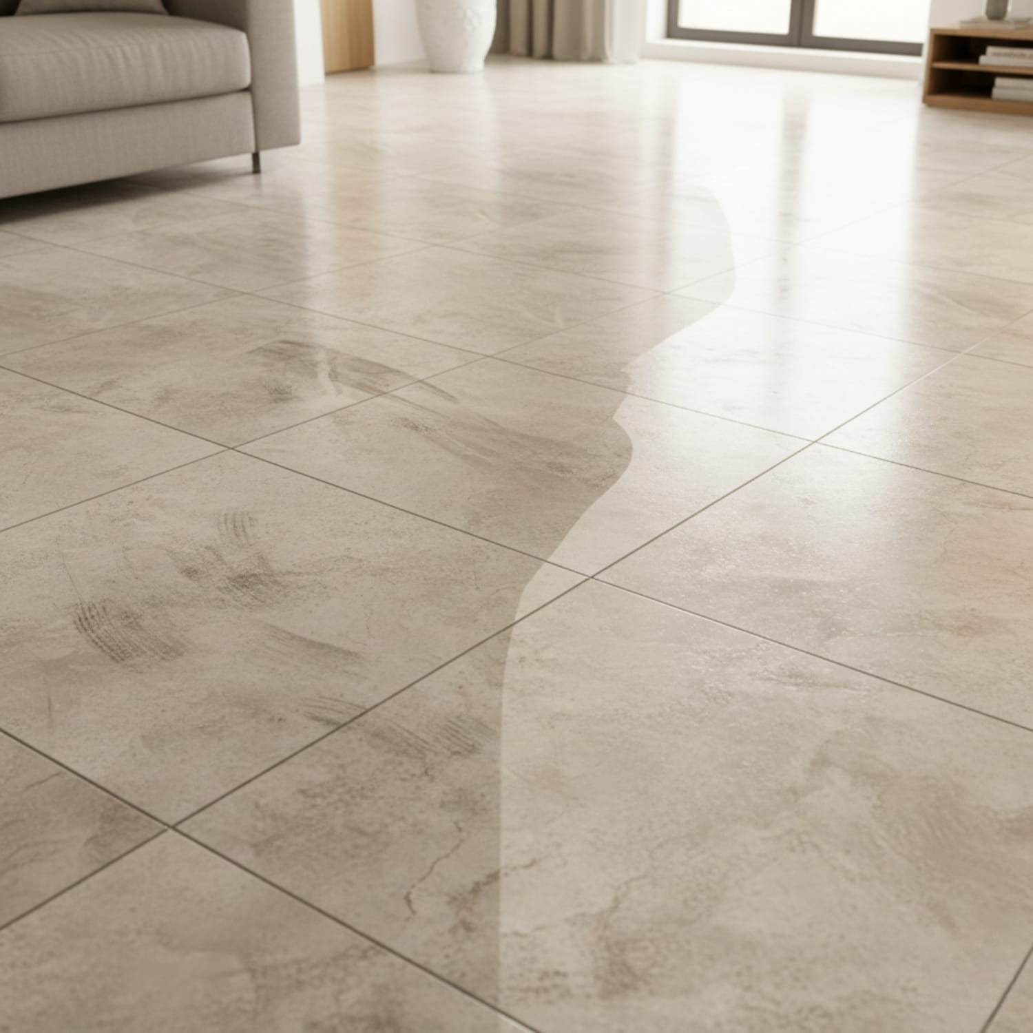 Vorher-Nachher-Vergleich eines Fliesenbodens im Wohnzimmer. Verschmutzte Bodenfliesen werden sauber und gleichmäßig gereinigt.