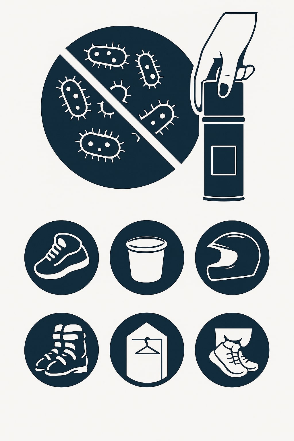 
Grafik zeigt eine Hand mit einem Spray gegen Bakterien. Im Fokus steht ein durchgestrichenes Bakterien-Symbol. Darunter Piktogramme für Einsatzbereiche wie Sportschuhe, Mülleimer, Motorradhelm, Skischuhe, Kleiderschrank und Textilien. Symbolisiert hygienische Frische für Sport- und Alltagsausrüstung.

