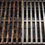 Vorher-Nachher-Vergleich eines stark verschmutzten und sauberen Grillrosts nach der Reinigung von Fett und eingebrannten Rückständen.
