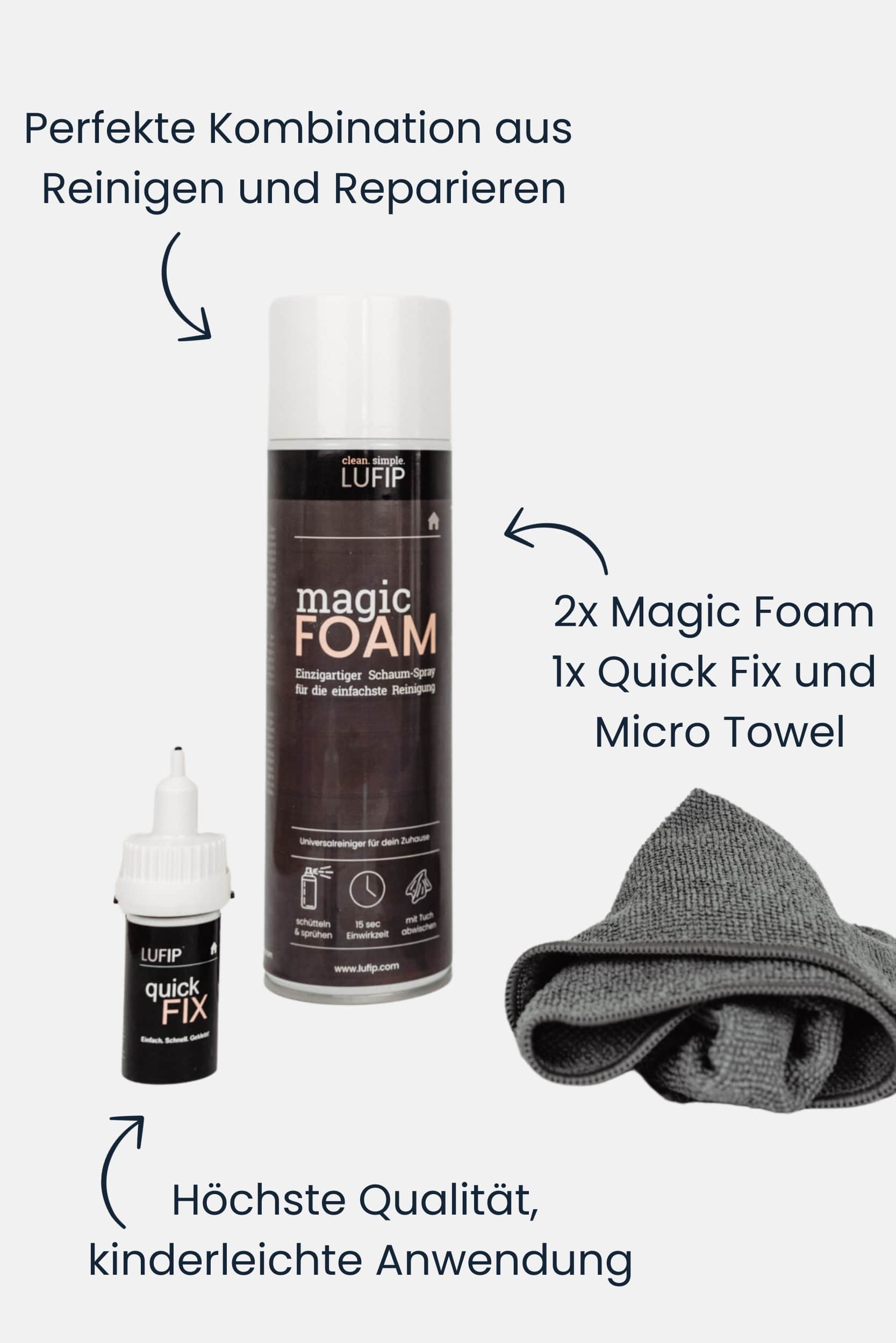 Graphische Darstellung des Haushaltssets mit Bulletpoints. Vielfältige Einsatzmöglichkeiten. Enthält Magic Foam, Quick Fix und Micro Towel.