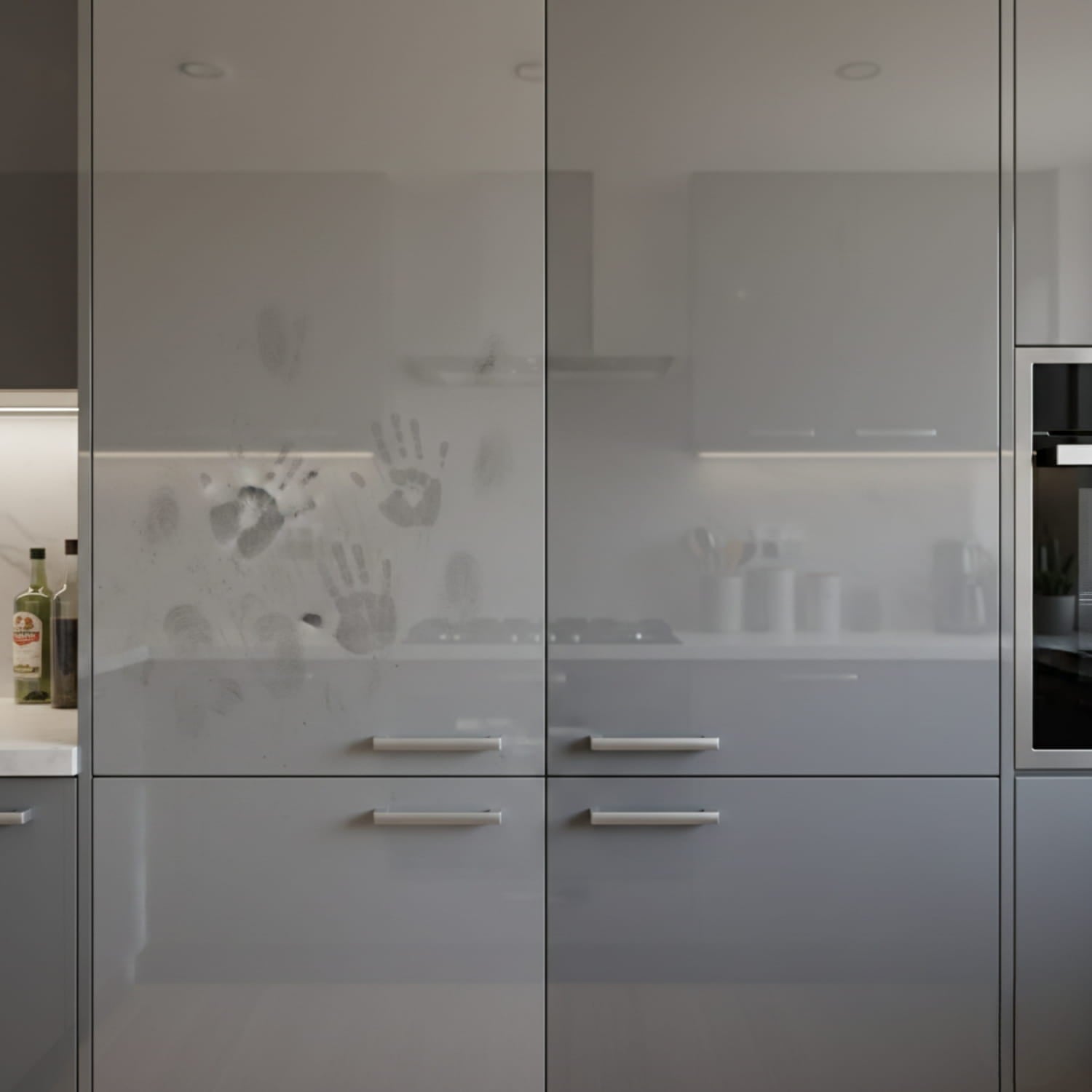 Küchenmöbel mit sichtbaren Fingerabdrücken auf der Oberfläche vor der Reinigung. Glatte Möbeloberfläche im Küchenbereich.