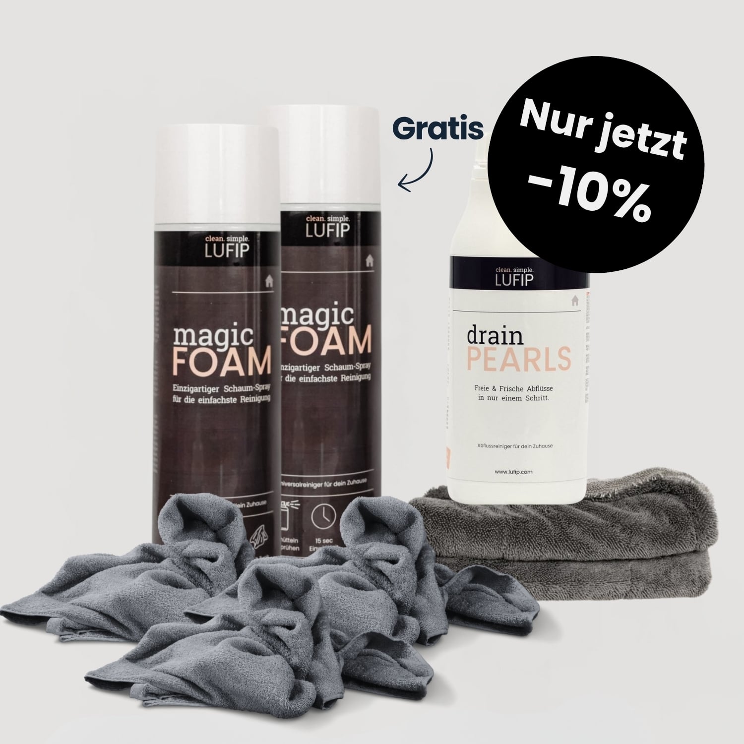 Perfekt zum Starten: Magic Foam, Drain Pearls & Tücher – jetzt im Black Friday Deal mit –10% + Gratisartikel. Universell reinigen, Abfluss frei machen & direkt sparen!