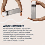 Hände halten LUFIP Always Dry Imprägnierspray horizontal und vertikal; Beschreibung empfiehlt Erste-Anwendung vor dem Tragen, wasser- & schmutzabweisende Nanoversiegelung, Erhalt von Atmungsaktivität, 100 % recycelbare Dose, EU-Qualität.