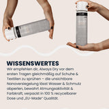 Hände halten LUFIP Always Dry Imprägnierspray horizontal und vertikal; Beschreibung empfiehlt Erste-Anwendung vor dem Tragen, wasser- & schmutzabweisende Nanoversiegelung, Erhalt von Atmungsaktivität, 100 % recycelbare Dose, EU-Qualität.
