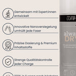 Infografik „LUFIP Vorteile“ mit grauer Always Dry Imprägnierspraydose rechts; links fünf Icon-Bullet-Points: gemeinsam mit Expert:innen entwickelt, innovative Nanoversiegelung umhüllt jede Faser, präzise Dosierung & Premium-Inhaltsstoffe, strenge Qualitätskontrolle jeder Charge, 100 % Fertigung in Europa.