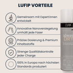 Infografik „LUFIP Vorteile“ mit grauer Always Dry Imprägnierspraydose rechts; links fünf Icon-Bullet-Points: gemeinsam mit Expert:innen entwickelt, innovative Nanoversiegelung umhüllt jede Faser, präzise Dosierung & Premium-Inhaltsstoffe, strenge Qualitätskontrolle jeder Charge, 100 % Fertigung in Europa.