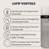 Infografik „LUFIP Vorteile“ mit grauer Always Dry Imprägnierspraydose rechts; links fünf Icon-Bullet-Points: gemeinsam mit Expert:innen entwickelt, innovative Nanoversiegelung umhüllt jede Faser, präzise Dosierung & Premium-Inhaltsstoffe, strenge Qualitätskontrolle jeder Charge, 100 % Fertigung in Europa.