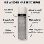 Hände halten LUFIP Always Dry Imprägnierspray horizontal und vertikal; Beschreibung empfiehlt Erste-Anwendung vor dem Tragen, wasser- & schmutzabweisende Nanoversiegelung, Erhalt von Atmungsaktivität, 100 % recycelbare Dose, EU-Qualität.