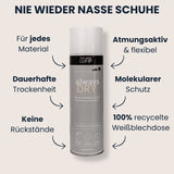 Hände halten LUFIP Always Dry Imprägnierspray horizontal und vertikal; Beschreibung empfiehlt Erste-Anwendung vor dem Tragen, wasser- & schmutzabweisende Nanoversiegelung, Erhalt von Atmungsaktivität, 100 % recycelbare Dose, EU-Qualität.