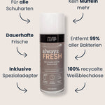 Spraydose Always Fresh mit Pfeilen zu Vorteilen: für alle Schuharten, dauerhafte Frische, inkl. Spezialadapter, kein Müffeln mehr, entfernt 99 % aller Bakterien, 100 % recycelte Weißblechdose; Heading „Frische-Kick für deine Schuhe“.