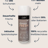 Spraydose Always Fresh mit Pfeilen zu Vorteilen: für alle Schuharten, dauerhafte Frische, inkl. Spezialadapter, kein Müffeln mehr, entfernt 99 % aller Bakterien, 100 % recycelte Weißblechdose; Heading „Frische-Kick für deine Schuhe“.