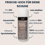 Spraydose Always Fresh mit Pfeilen zu Vorteilen: für alle Schuharten, dauerhafte Frische, inkl. Spezialadapter, kein Müffeln mehr, entfernt 99 % aller Bakterien, 100 % recycelte Weißblechdose; Heading „Frische-Kick für deine Schuhe“.