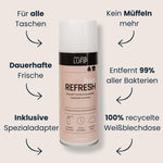 Bag Refresh Sprühdose in Rosa-Beige, umgeben von Pfeilen: für alle Taschen, dauerhafte Frische, inkl. Spezialadapter, kein Müffeln mehr, entfernt 99 % aller Bakterien, 100 % recycelte Weißblechdose; Überschrift „Frische-Kick für deine Lieblingstasche“.

