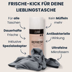 Bag Refresh Sprühdose in Rosa-Beige, umgeben von Pfeilen: für alle Taschen, dauerhafte Frische, inkl. Spezialadapter, kein Müffeln mehr, entfernt 99 % aller Bakterien, 100 % recycelte Weißblechdose; Überschrift „Frische-Kick für deine Lieblingstasche“.

