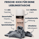 Bag Refresh Sprühdose in Rosa-Beige, umgeben von Pfeilen: für alle Taschen, dauerhafte Frische, inkl. Spezialadapter, kein Müffeln mehr, entfernt 99 % aller Bakterien, 100 % recycelte Weißblechdose; Überschrift „Frische-Kick für deine Lieblingstasche“.

