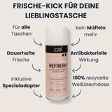 Bag Refresh Sprühdose in Rosa-Beige, umgeben von Pfeilen: für alle Taschen, dauerhafte Frische, inkl. Spezialadapter, kein Müffeln mehr, entfernt 99 % aller Bakterien, 100 % recycelte Weißblechdose; Überschrift „Frische-Kick für deine Lieblingstasche“.

