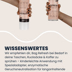  Zwei Hände zeigen LUFIP Bag Refresh Spray – einmal kopfüber, einmal aufrecht; Info-Block rät bei Bedarf in Taschen, Rucksäcke und Koffer zu sprühen, enzymatische Geruchsneutralisation, Spezialadapter und EU-Made Dose.

