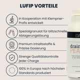 Infografik „LUFIP Vorteile“ mit Drain Pearls Flasche rechts; links fünf Icon-Punkte: in Kooperation mit Klempner-Profis entwickelt, Spezialgranulat für blitzschnelle Ablagerungs­lösung, Premium Inhaltsstoffe & präzise Dosierung, strenge Qualitätskontrolle jeder Charge, 100 % Produktion in Europa.