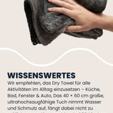 Hand wischt mit dickem dunkelgrauen LUFIP Dry Towel; Infotext empfiehlt Einsatz in Küche, Bad, Fenster, Auto, beschreibt hohe Wasser- & Schmutzaufnahme, geruchshemmende Fasern, Waschbarkeit bei 30 °C ohne Weichspüler und EU-Made-Qualität.
